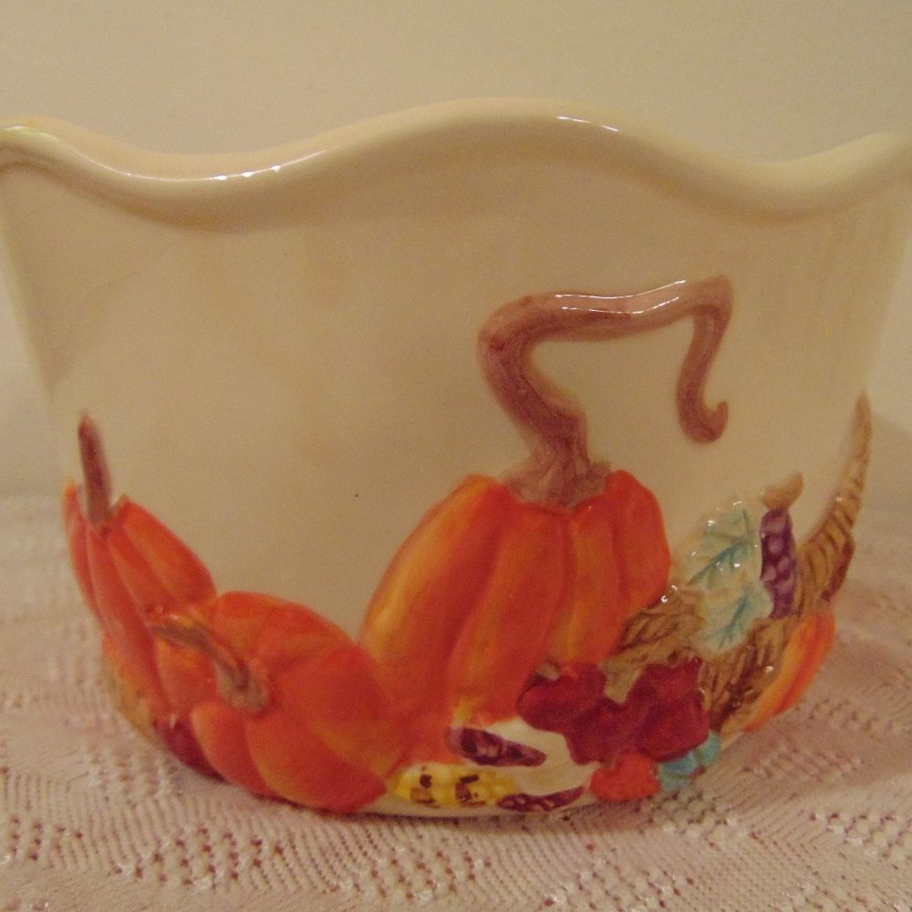Harvest Time Ceramic Container, Features Pumpkins, Apples, Gourds, 4 inches tall